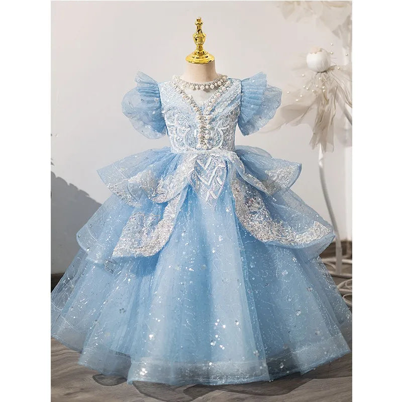2025 Pink Girls Princess Dress Clothes Birthday Party Pageant Gown Kids Piano Recital Performance Clothes Children Summer Outfit