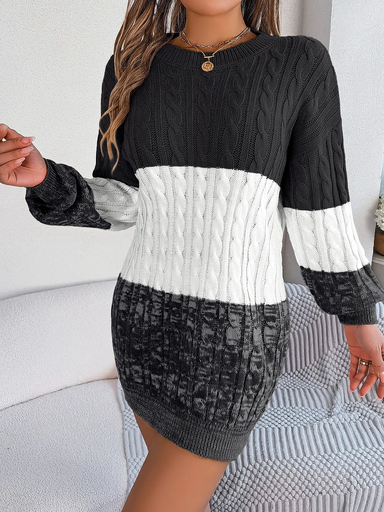 Women's Knitted Sweater Dress New Color Blocked Autumn And Winter Elegant Square Collar Button Long Sleeve Sweater Bag Hip Skirt