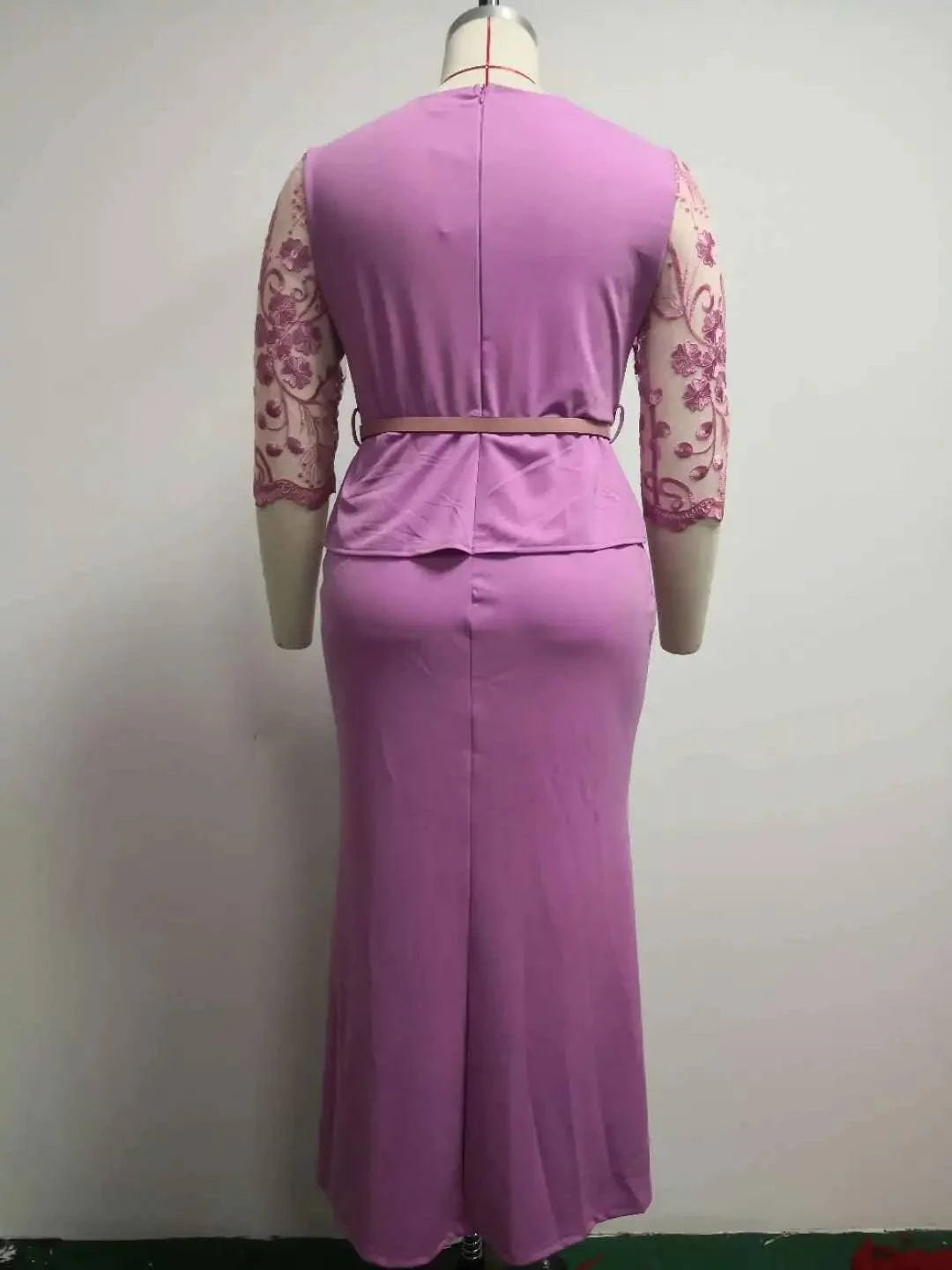 Plus size LYNHURD! Christmas maxi dress with lace patchwork, O neck, and 3/4 sleeves for nighttime parties.