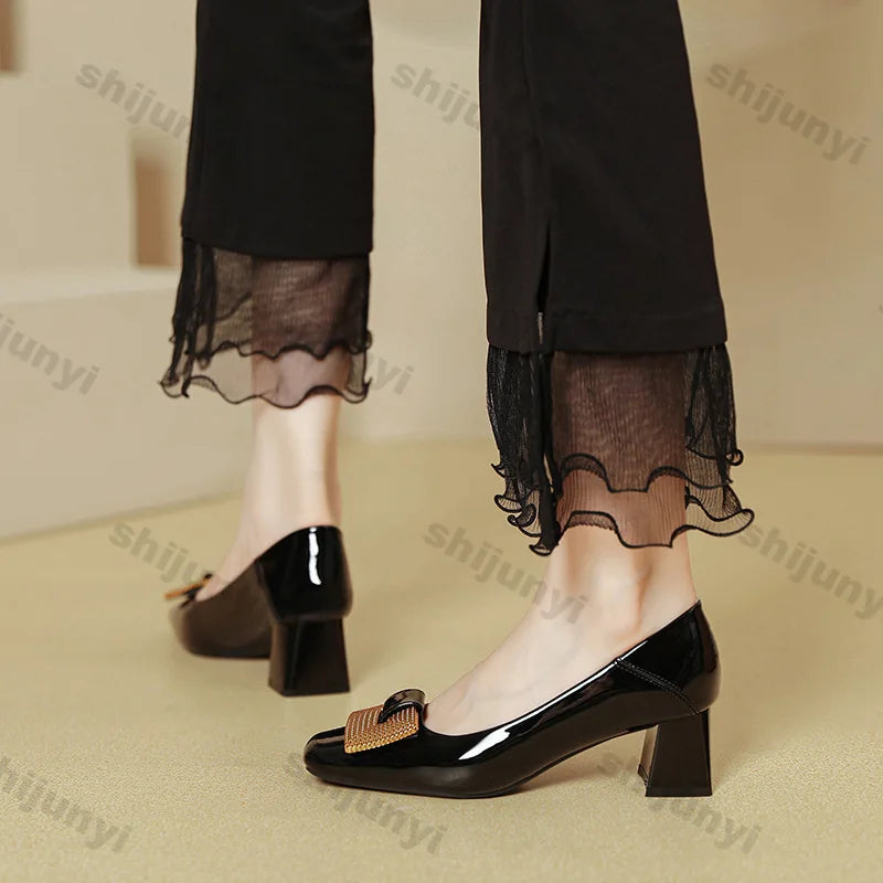 Women's Shoes 2025 New Summer Thick Heels Non Slip High Heels Women Square Head Elegant Middle Wedding Pumps High Quality
