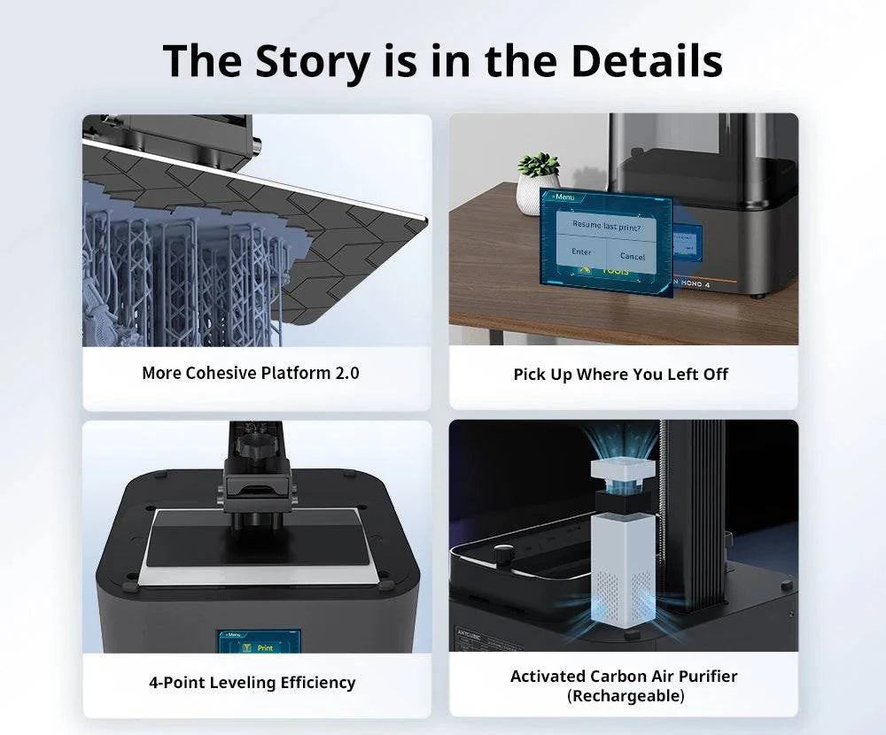 ANYCUBIC Photon Mono 4 LCD 3D printer with 10K screen and 2.2L build volume, showcasing its sleek design and functionality.