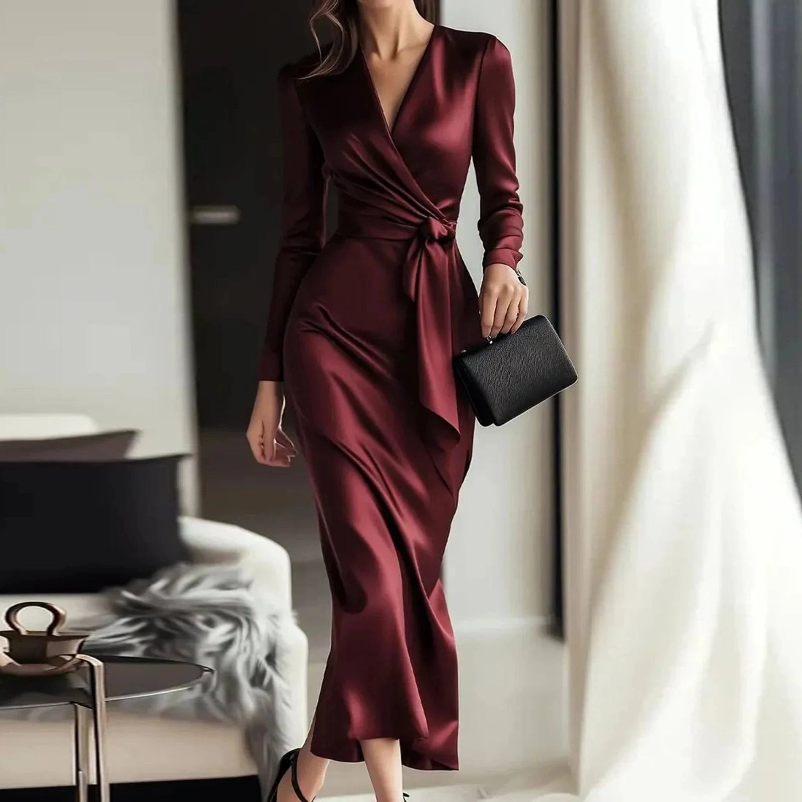 LYNHURD women's evening gown featuring a deep V neck, long sleeves, and a high slit in a classic bodycon style.