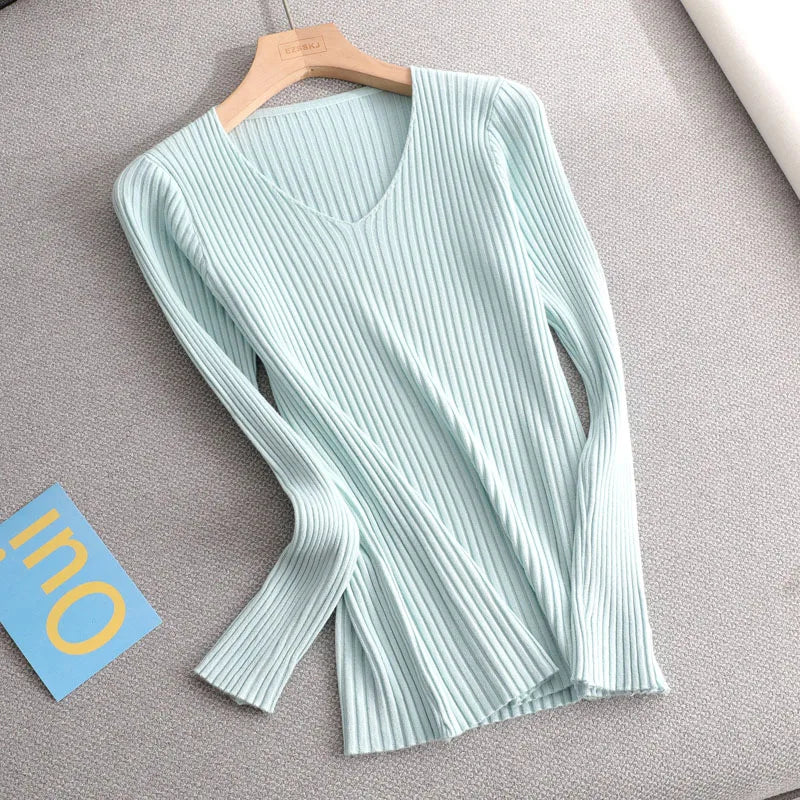 basic v-neck solid autumn winter Sweater Pullover Women Female Knitted sweater slim long sleeve
