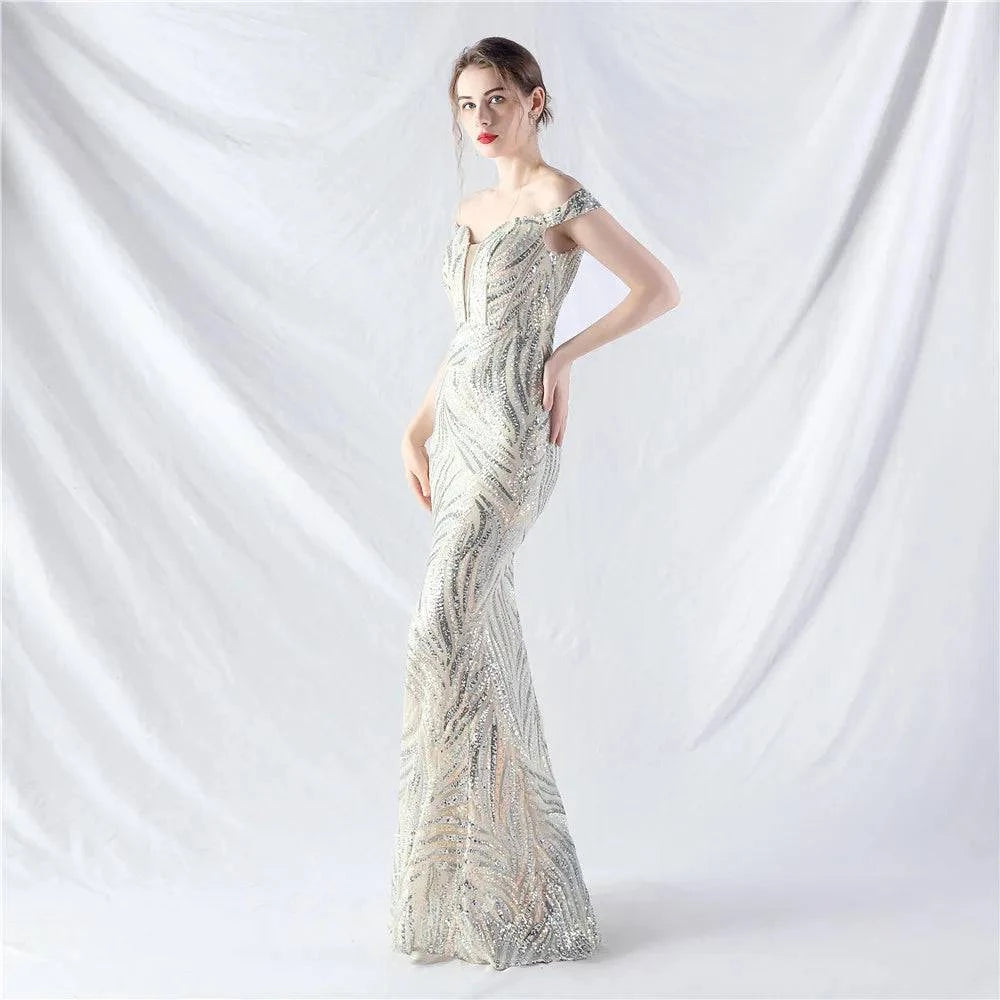 Elegant LYNHURD! ball gown evening dress in flowing fabric, perfect for formal occasions and special events.