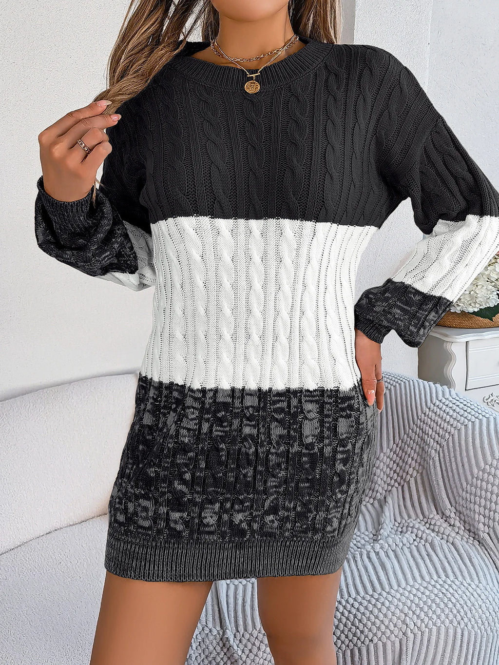 Women's Knitted Sweater Dress New Color Blocked Autumn And Winter Elegant Square Collar Button Long Sleeve Sweater Bag Hip Skirt