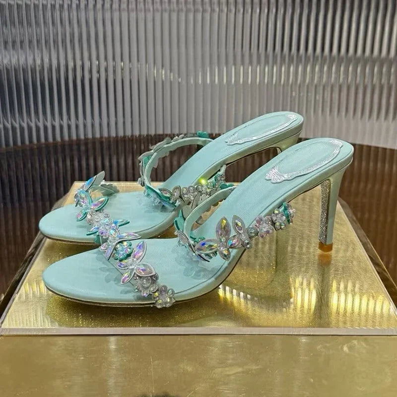 Women Thin High Heels Elastic Strap Gladiator Sandals Bling Rhinestone Flower Decor Sandalias  Summer Bridesmaid Dress Shoes