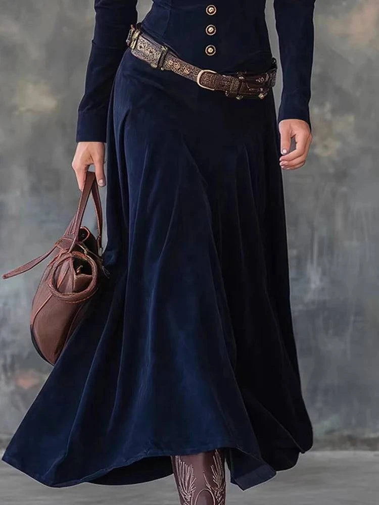 Women’s vintage button patchwork maxi dress by LYNHURD, featuring long sleeves and a chic V-neck design.