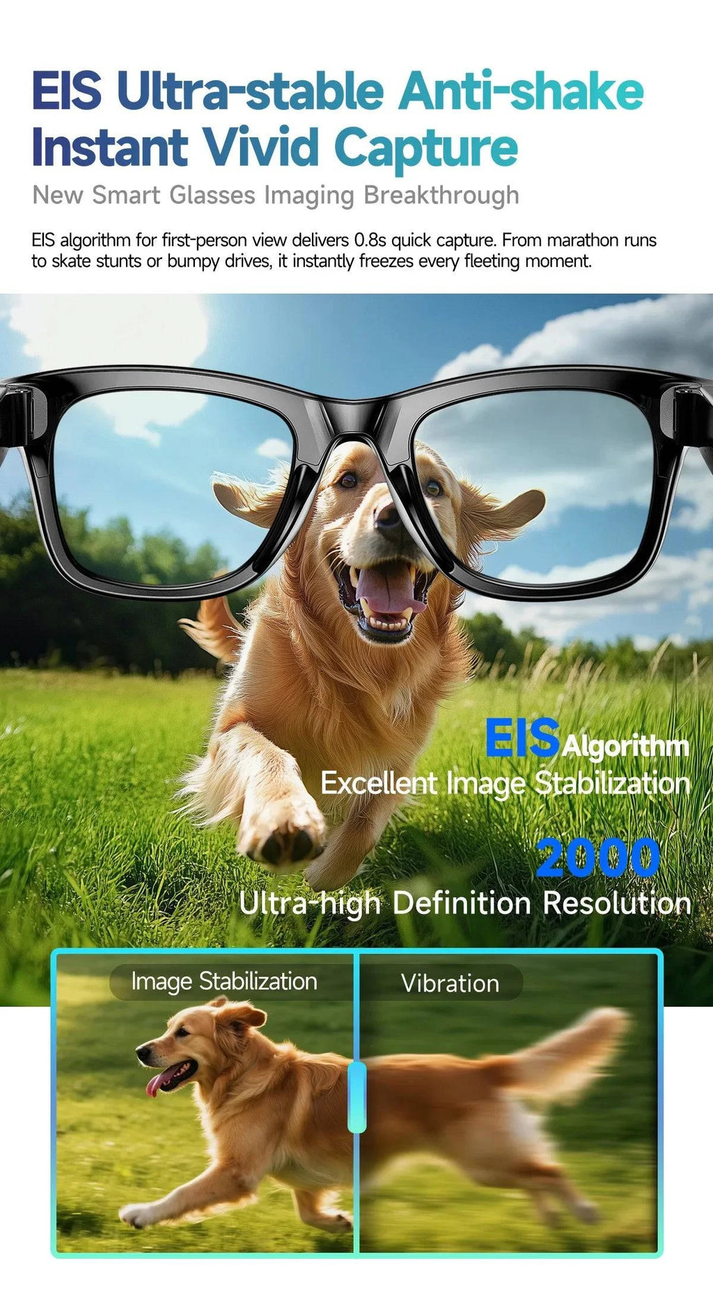LYNHURD smart glasses with Bluetooth, camera, and AI photo recognition for video recording and language translation.