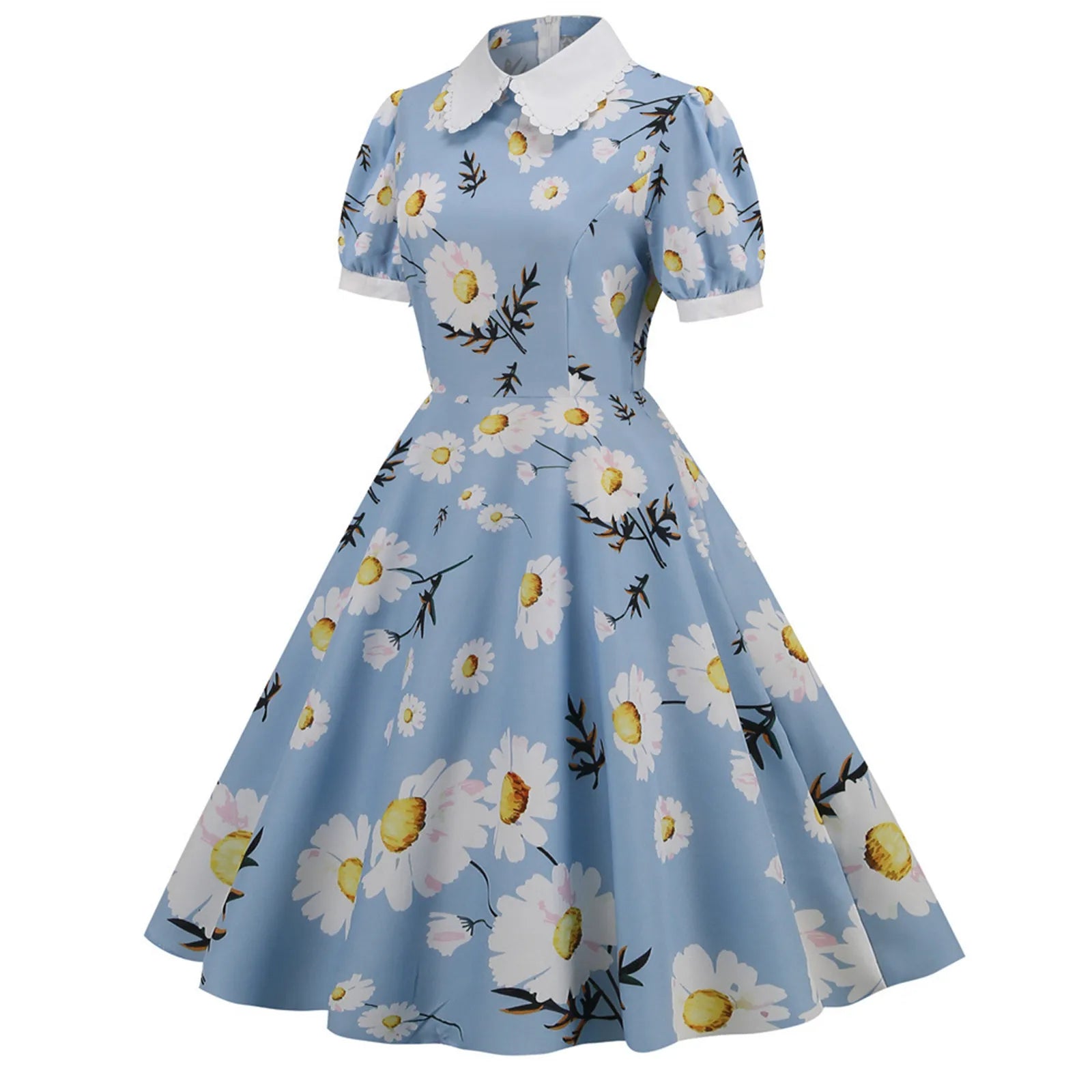 Women'S Dress Floral Printed Short Sleeve Peter Pan Collar Elegant Party Dress Retro Vintage 50s 60s Rockabilly Dresses Vestidos