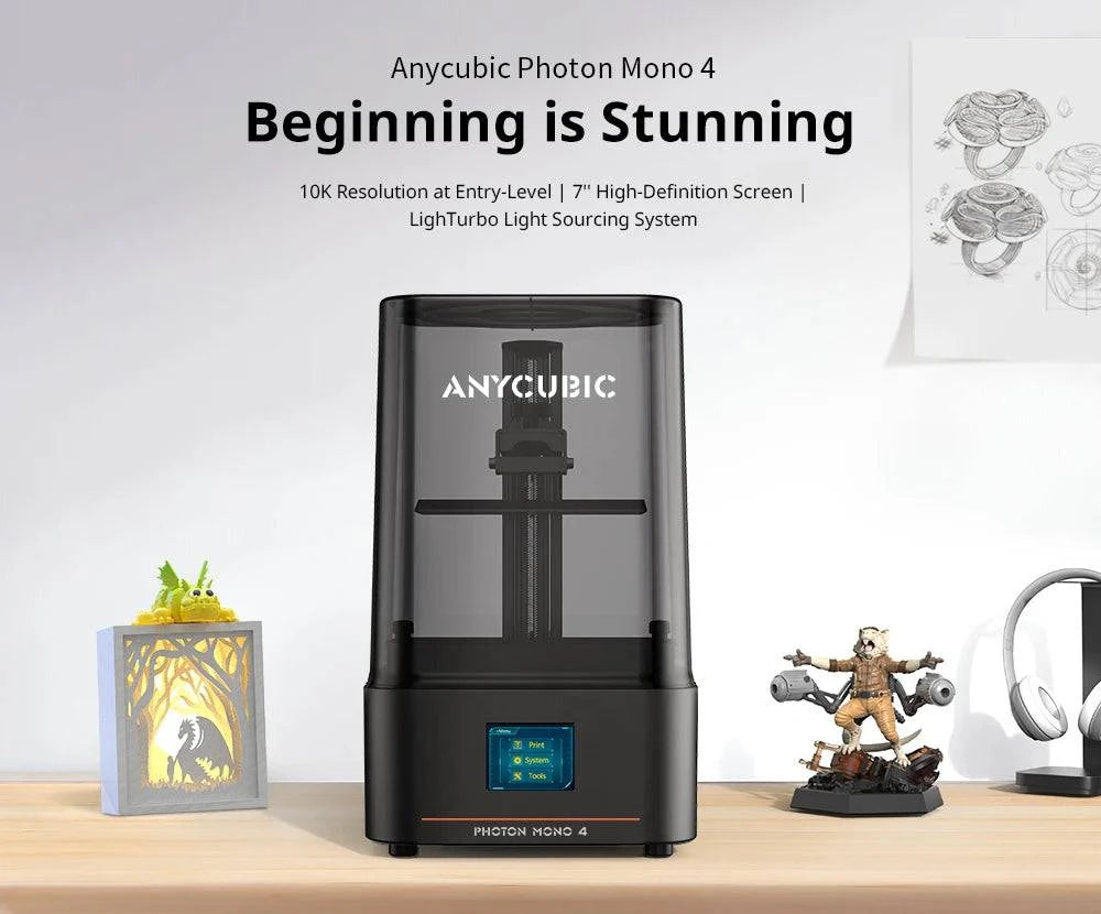 ANYCUBIC Photon Mono 4 3D printer with 7-inch 10K screen and 2.2L build volume, showcasing its sleek design and features.