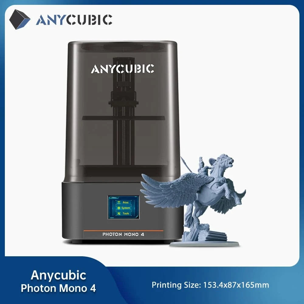 ANYCUBIC Photon Mono 4 LCD 3D printer with 10K screen, showcasing 2.2L build volume and UV resin technology.