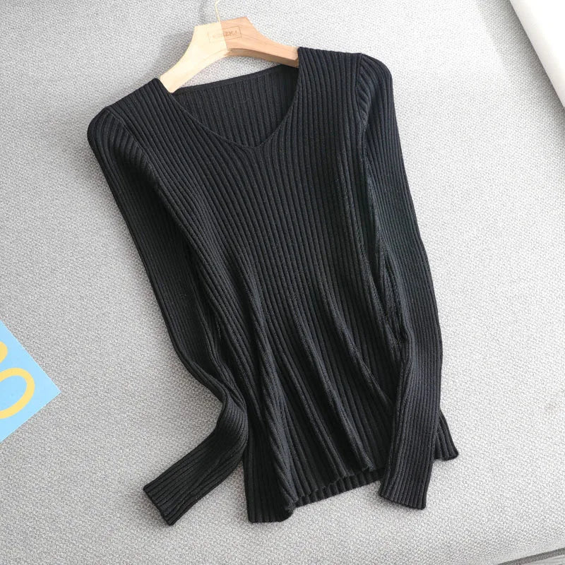basic v-neck solid autumn winter Sweater Pullover Women Female Knitted sweater slim long sleeve