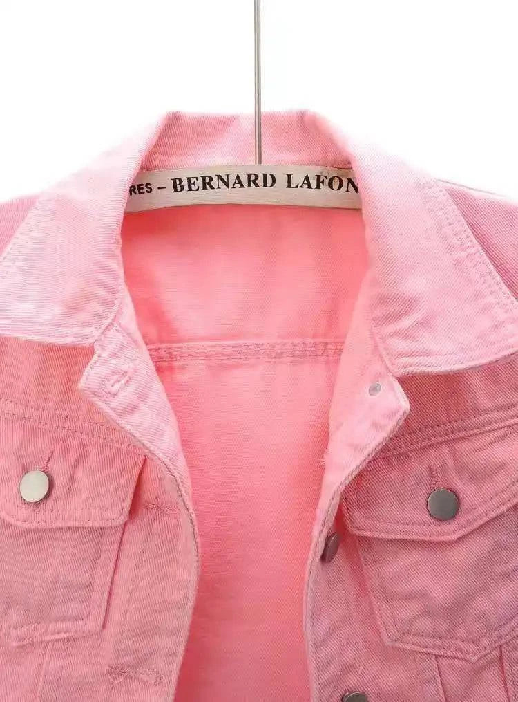 Women’s LYNHURD pink denim jacket, short casual coat with loose fit, perfect for spring and autumn outings.