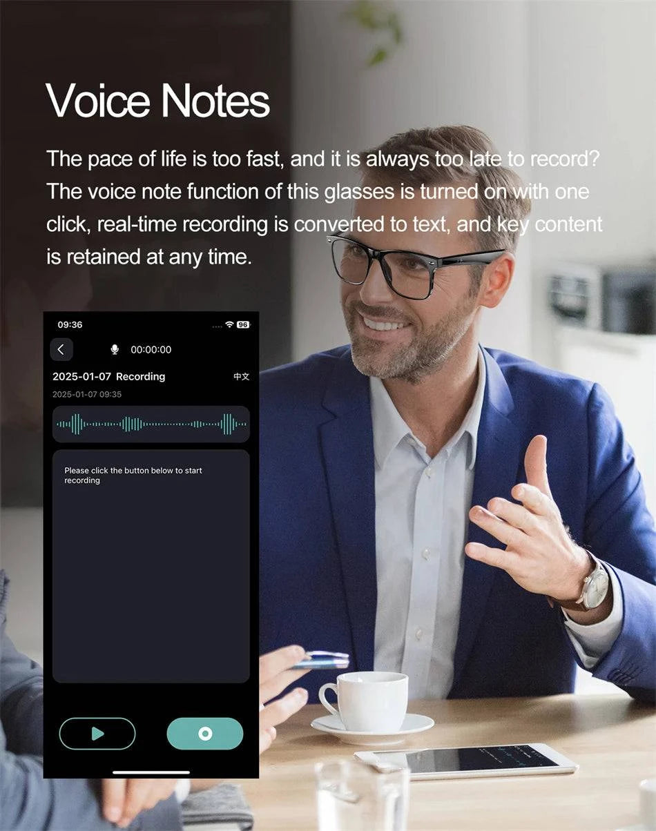 LYNHURD smart glasses for men with anti-blue lens, voice assistant, and intelligent translation feature.