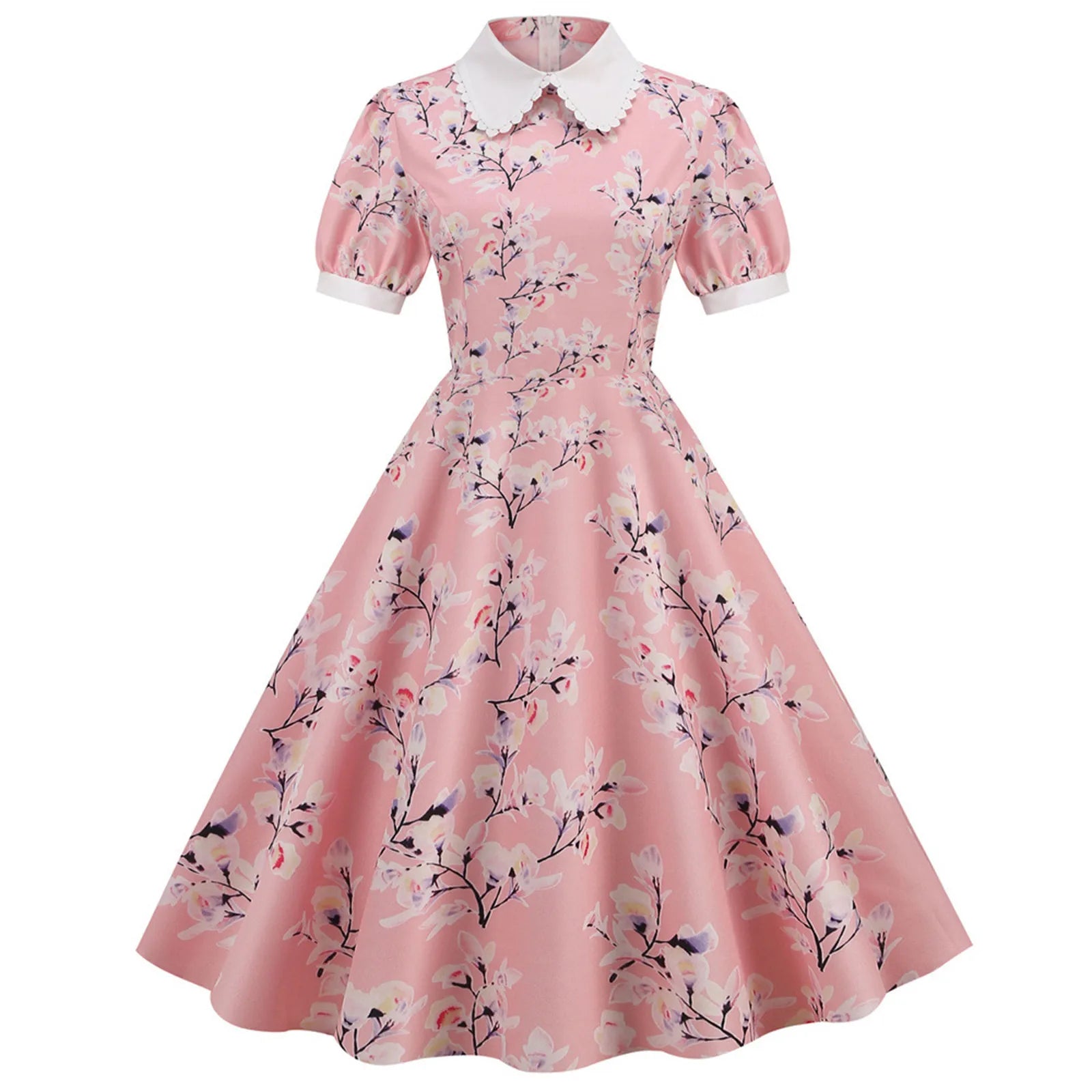 Women'S Dress Floral Printed Short Sleeve Peter Pan Collar Elegant Party Dress Retro Vintage 50s 60s Rockabilly Dresses Vestidos