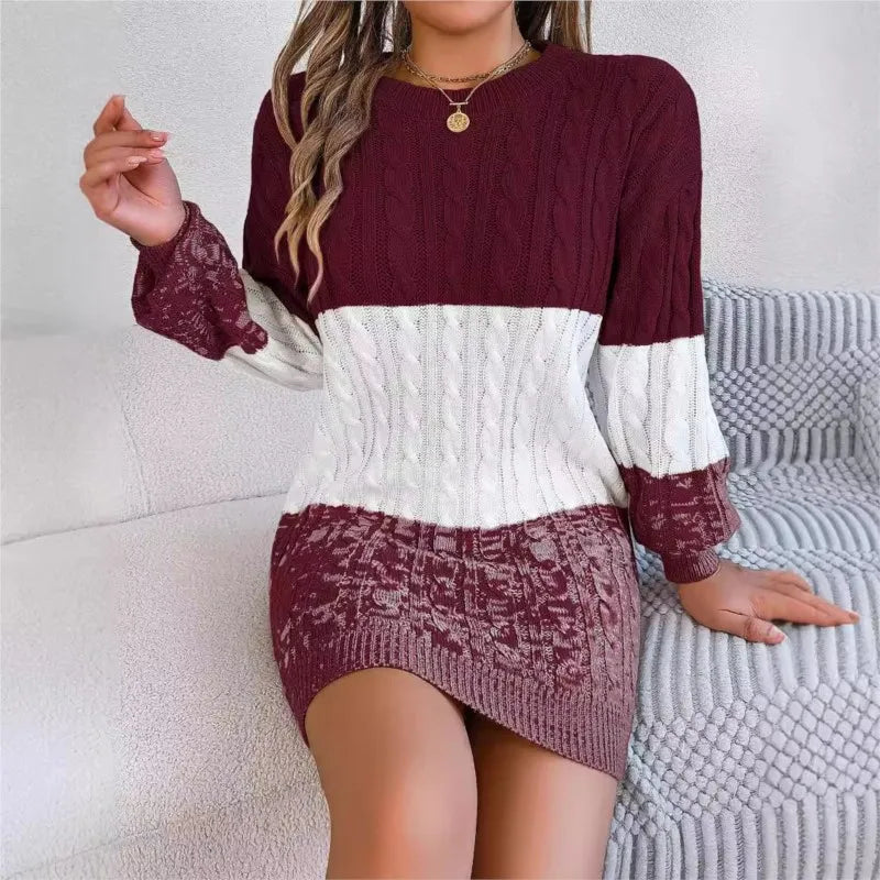 Women's Knitted Sweater Dress New Color Blocked Autumn And Winter Elegant Square Collar Button Long Sleeve Sweater Bag Hip Skirt