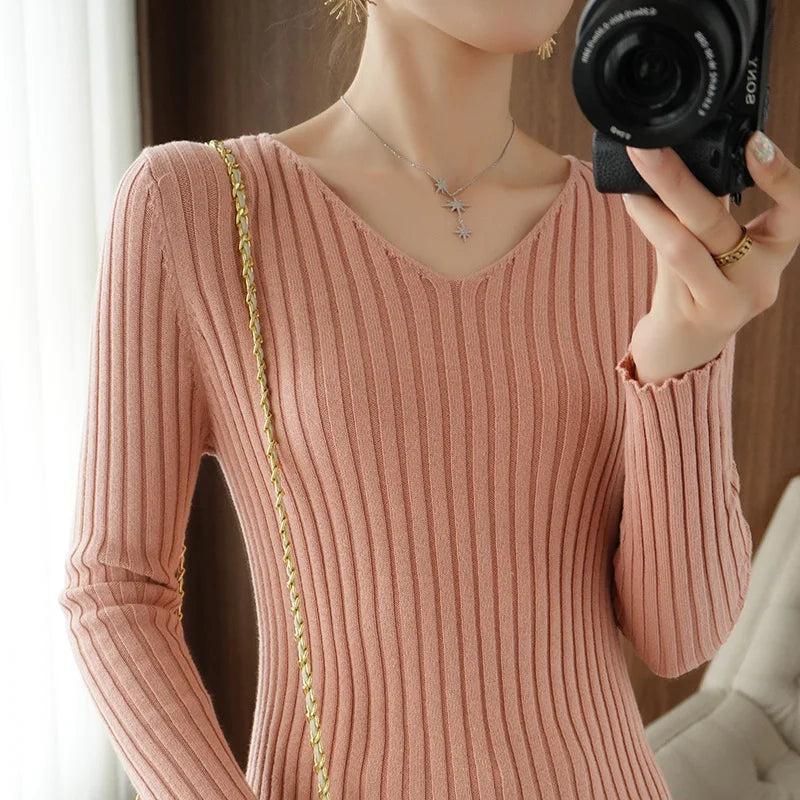 Autumn New Sle Women's Long Sve Knitted Sweater Pure Cotton V-Ne Pullover Slim Fit ort Base Layer Top Casual Sle