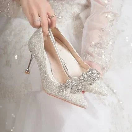 LYNHURD women's pointed toe wedding shoes with French crystals and rubber heels, perfect for party wear.