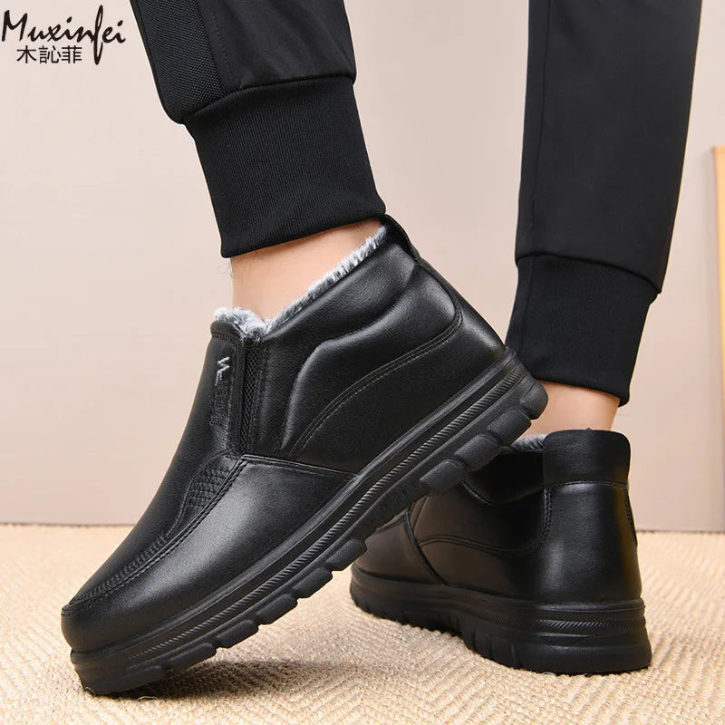 2025 Winter New Leather Boots Waterproof Anti Slip Snow Boots Men's Cotton Shoes Warmth Thickened Cotton Short Boots