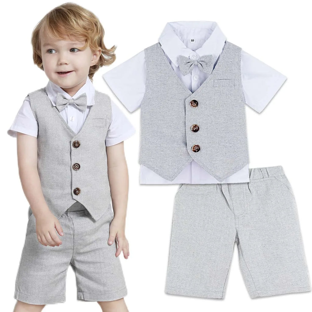Baby Boy Clothes Toddler Wedding Suit Set Kids Birthday Party Outfit Gemtleman Formal Short Sleeve Cotton Clothing Set 3PCS