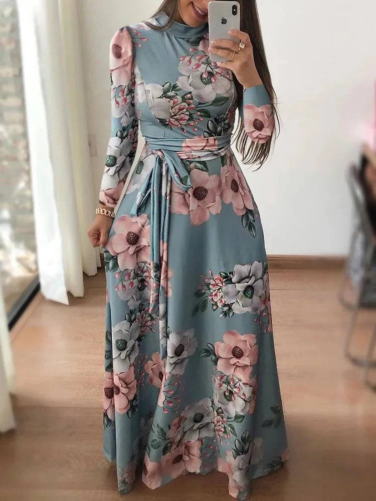 LYNHURD women's long sleeve flower printed slim dress with round neck and floor-length skirt, perfect for casual wear.