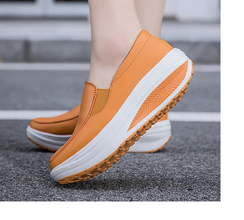 2026 Women's Shoes Spring Genuine Leather Soft Outsole Work Shoes Female Black Swing Woman Plus Size Wedges Single