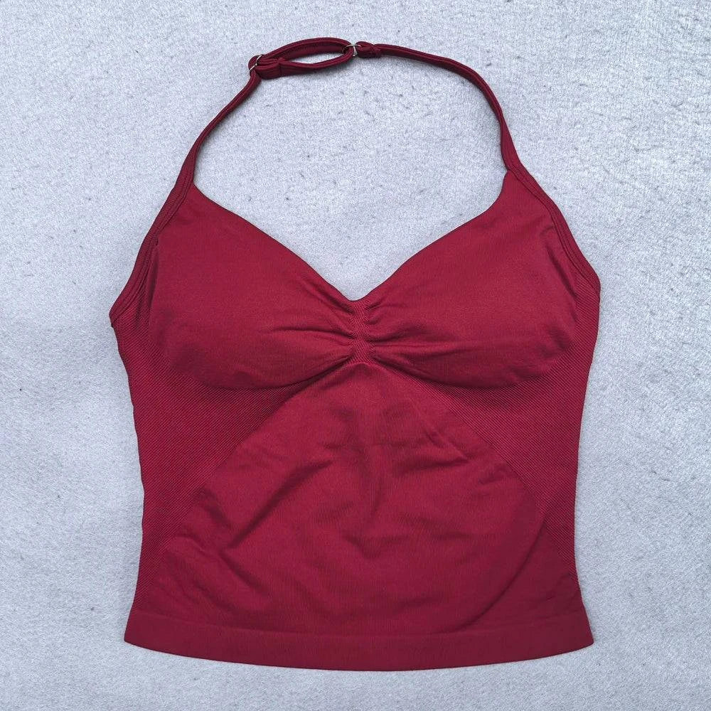 Women’s LYNHURD! yoga set featuring backless halter top and high waist seamless shorts in a stylish gym outfit.