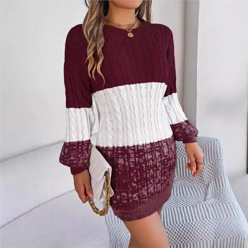 Women's Knitted Sweater Dress New Color Blocked Autumn And Winter Elegant Square Collar Button Long Sleeve Sweater Bag Hip Skirt