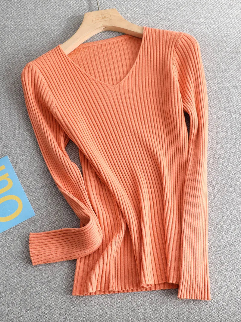 basic v-neck solid autumn winter Sweater Pullover Women Female Knitted sweater slim long sleeve