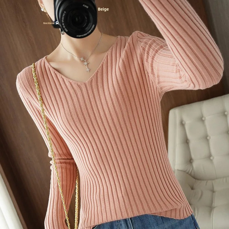 Autumn New Sle Women's Long Sve Knitted Sweater Pure Cotton V-Ne Pullover Slim Fit ort Base Layer Top Casual Sle
