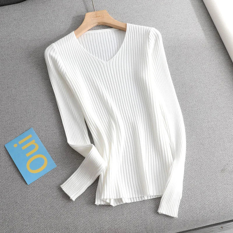 basic v-neck solid autumn winter Sweater Pullover Women Female Knitted sweater slim long sleeve