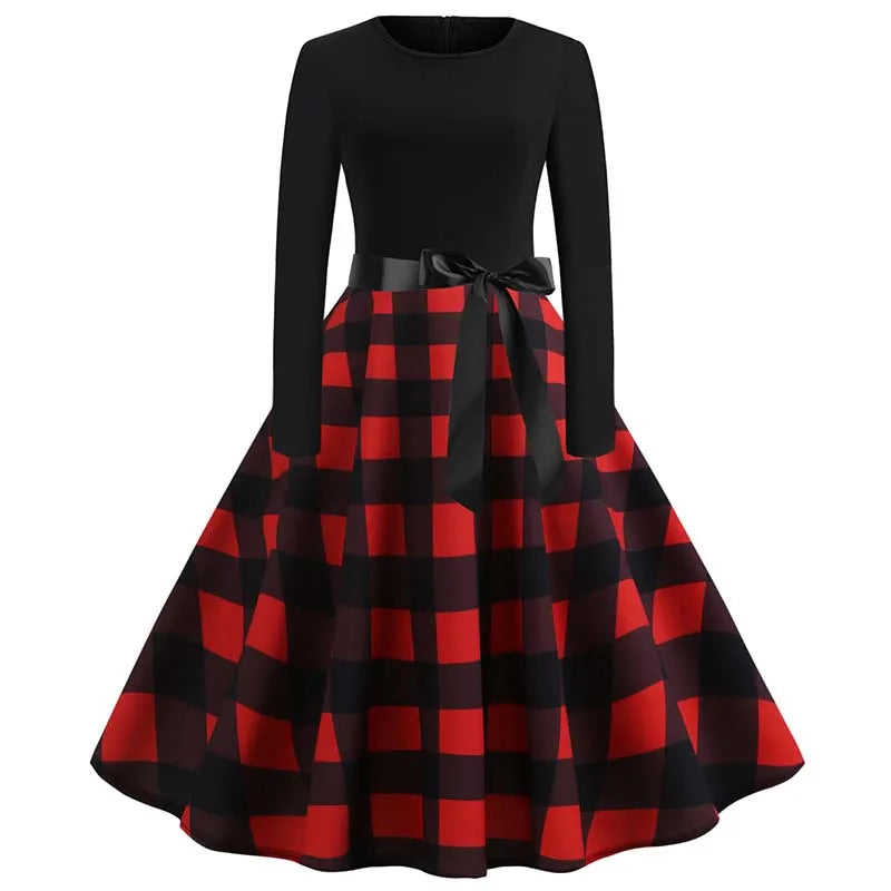 Women's Santa Claus Printed Christmas Costume Dress Long Sleeve Holiday Xmas Fancy Party Gown for Ladies