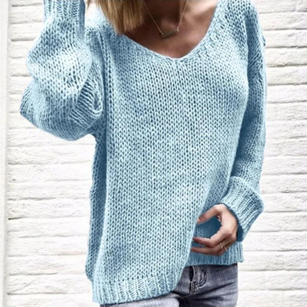 2025 New Casual Women Loose Solid Color Knitted Sweater V Neck Long Sleeve Top Women's Clothing Свитера Женские  Pull Femme