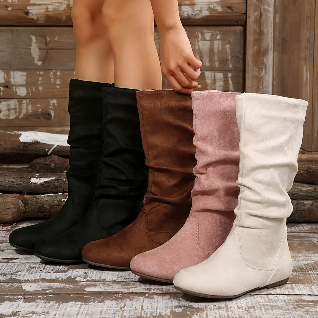 2024 New Shoes for Women  Spring Knee High Boots Black White Tall Boots Woman Pleated Low Heel Casual Leather Female Long Shoes