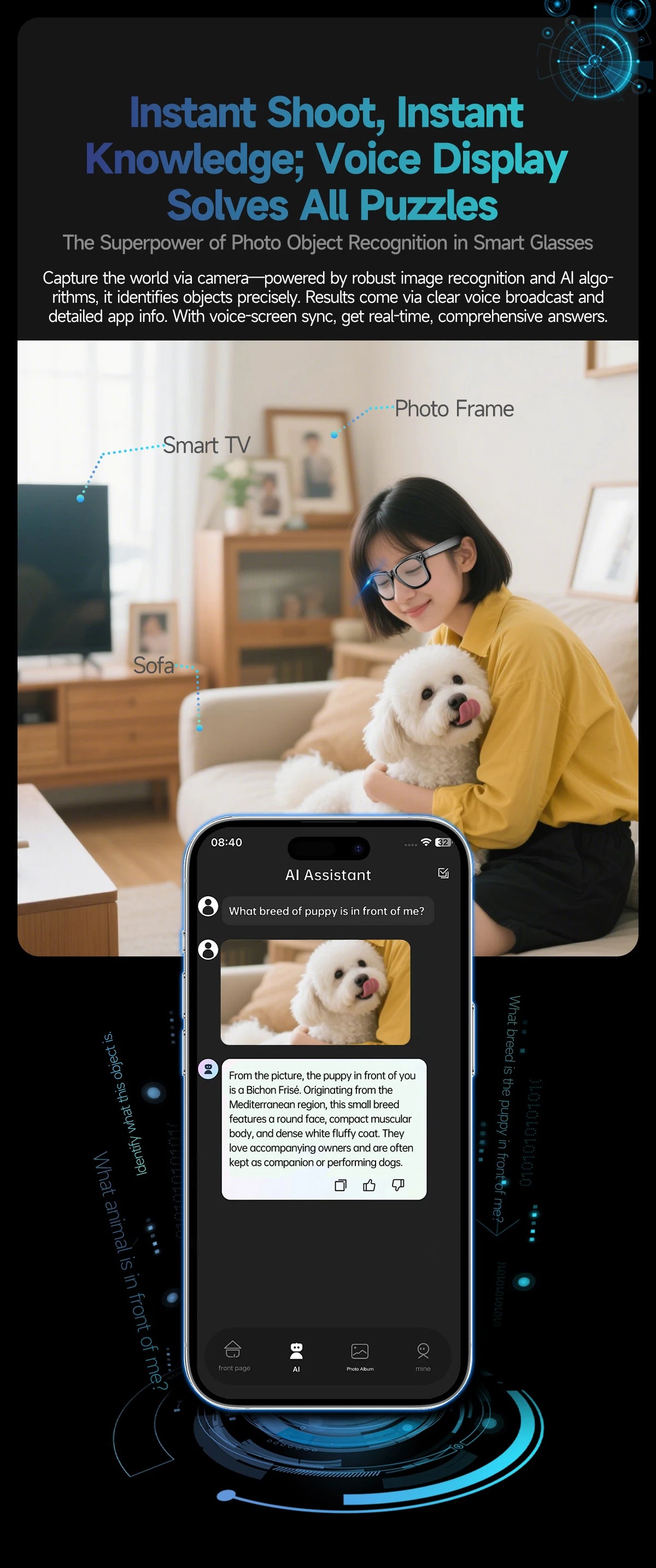 LYNHURD smart glasses with 8MP camera, Bluetooth, touch control, and waterproof design for men and women.