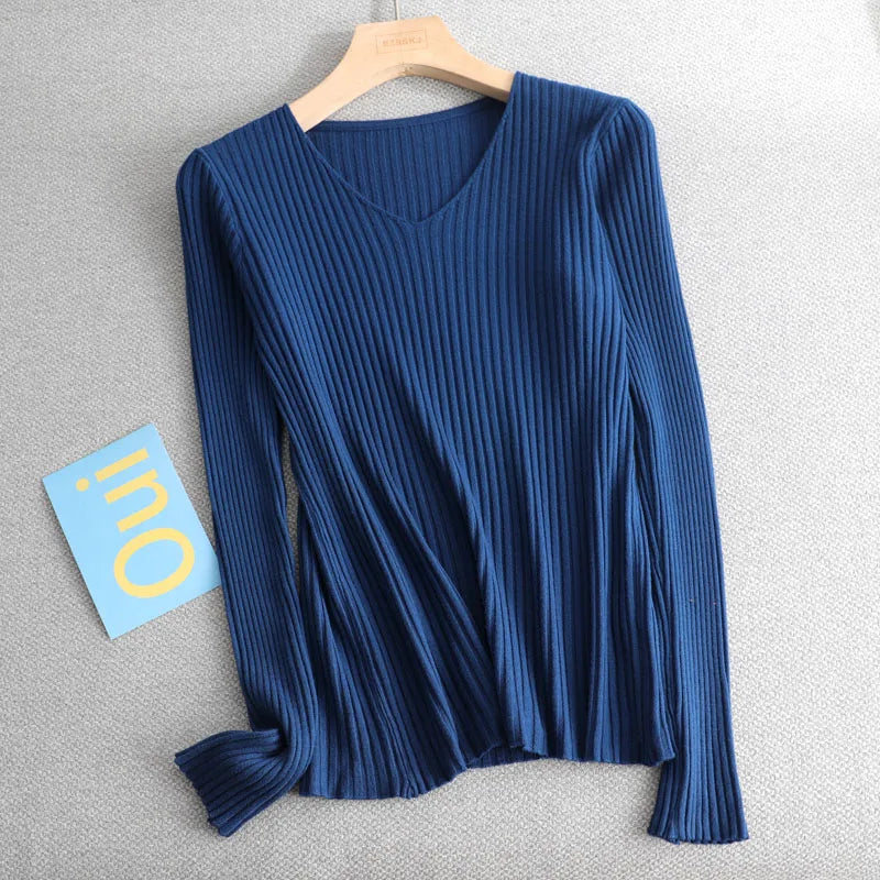 basic v-neck solid autumn winter Sweater Pullover Women Female Knitted sweater slim long sleeve
