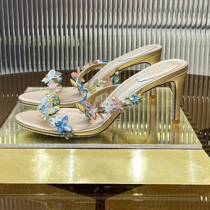 Women Thin High Heels Elastic Strap Gladiator Sandals Bling Rhinestone Flower Decor Sandalias  Summer Bridesmaid Dress Shoes