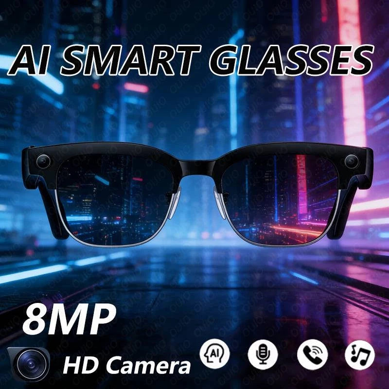 LYNHURD AI Smart Translation Glasses with 8MP camera, optical stabilization, and dual microphones for clear audio.