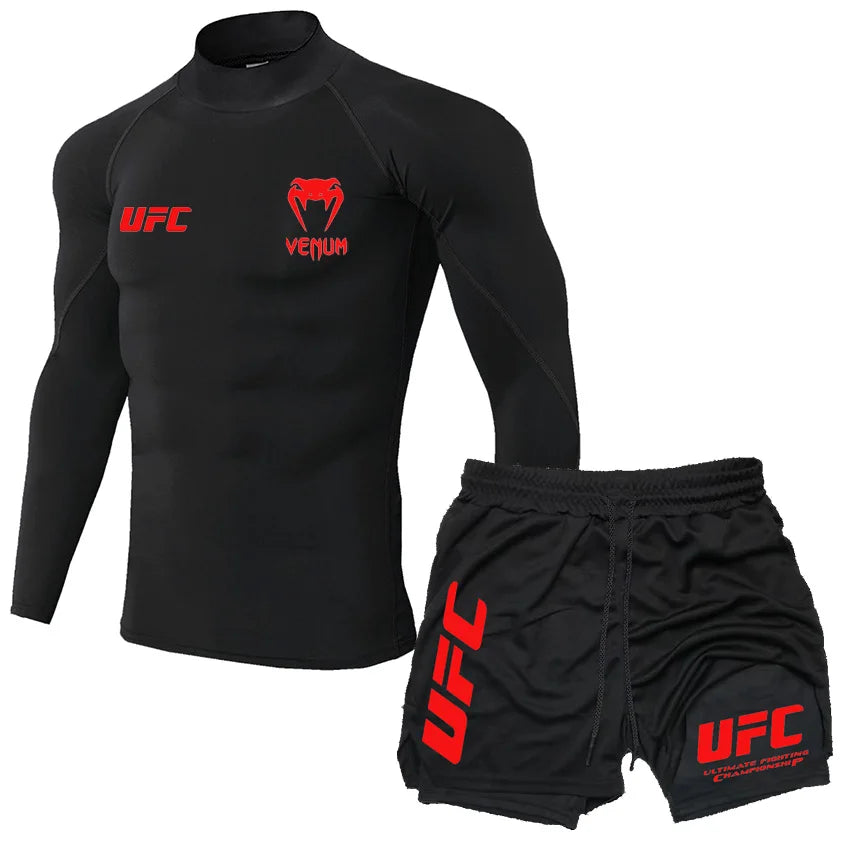 2025 Men's Breathable UFC Long Sleeve+Double Layer Pants Sports Pants Outdoor Running Fitness Training T-shirt Pants