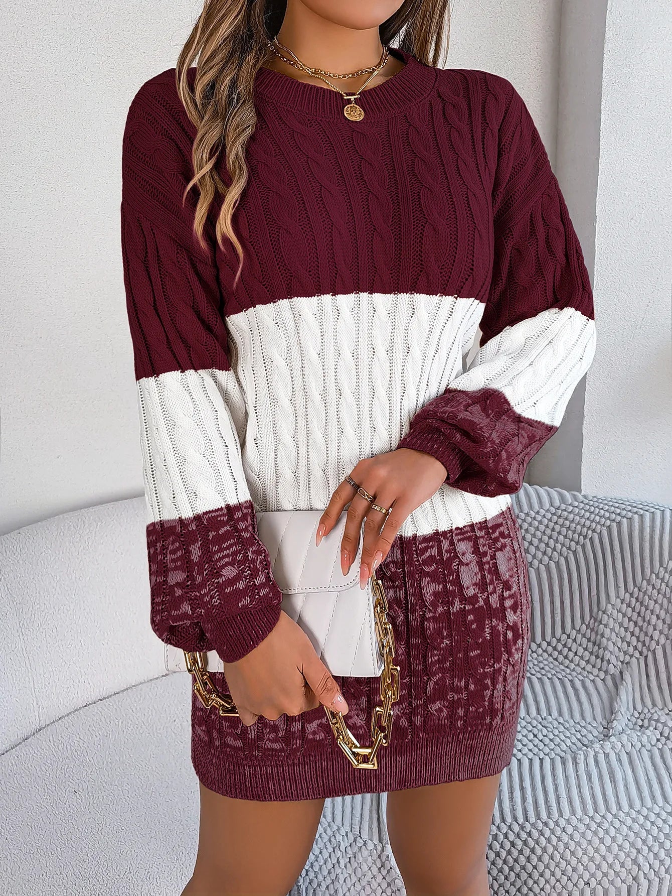 Women's Knitted Sweater Dress New Color Blocked Autumn And Winter Elegant Square Collar Button Long Sleeve Sweater Bag Hip Skirt
