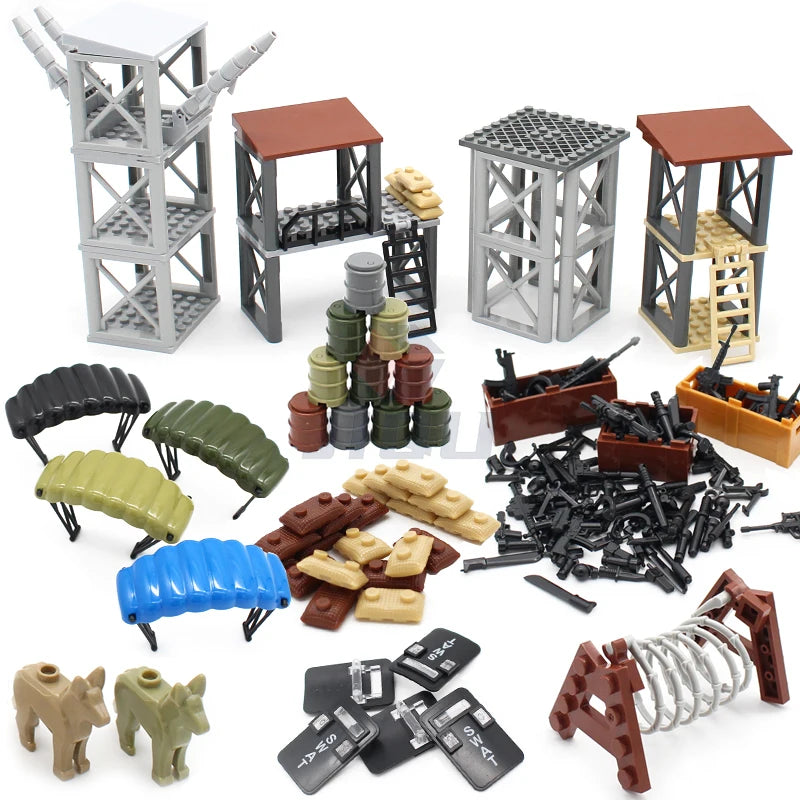 WW2 Military Base Soldiers Army Figures Weapon Accessories Building Block Guns Barbed Wire Sandbags PUBG Sence Series MOC Bricks