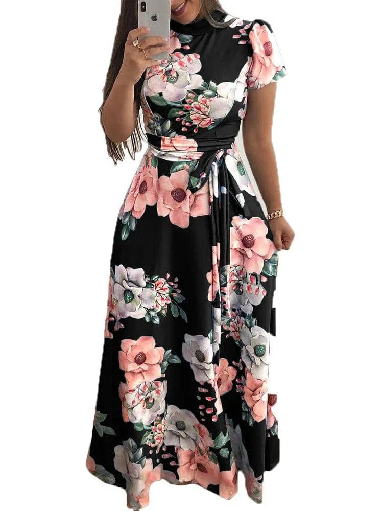Women's LYNHURD long sleeve flower printed dress with round neck and floor-length skirt, perfect for casual wear.