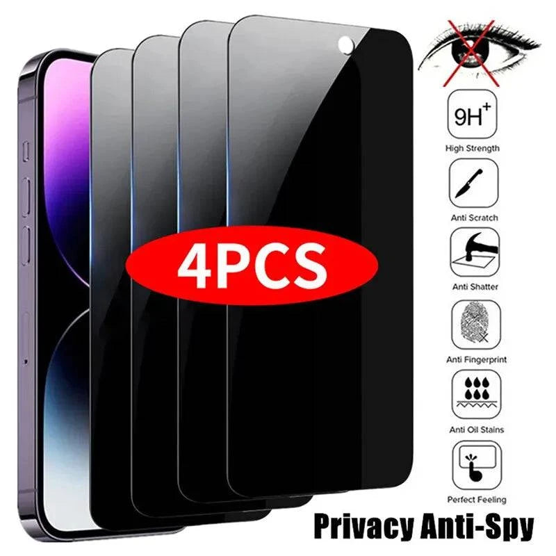 4PCS LYNHURD! privacy screen protectors for iPhone 14 Pro Max, 16 Pro, and other models, featuring anti-spy tempered glass.