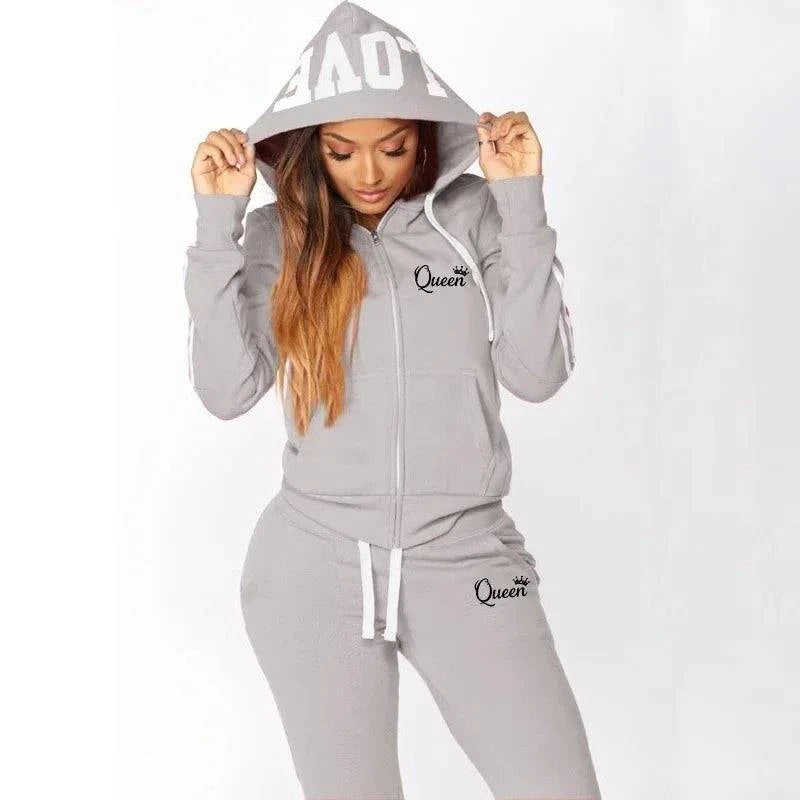 Autumn winter women's tracksuit set by LYNHURD featuring a hooded sweatshirt and jogging pants in a casual print design.