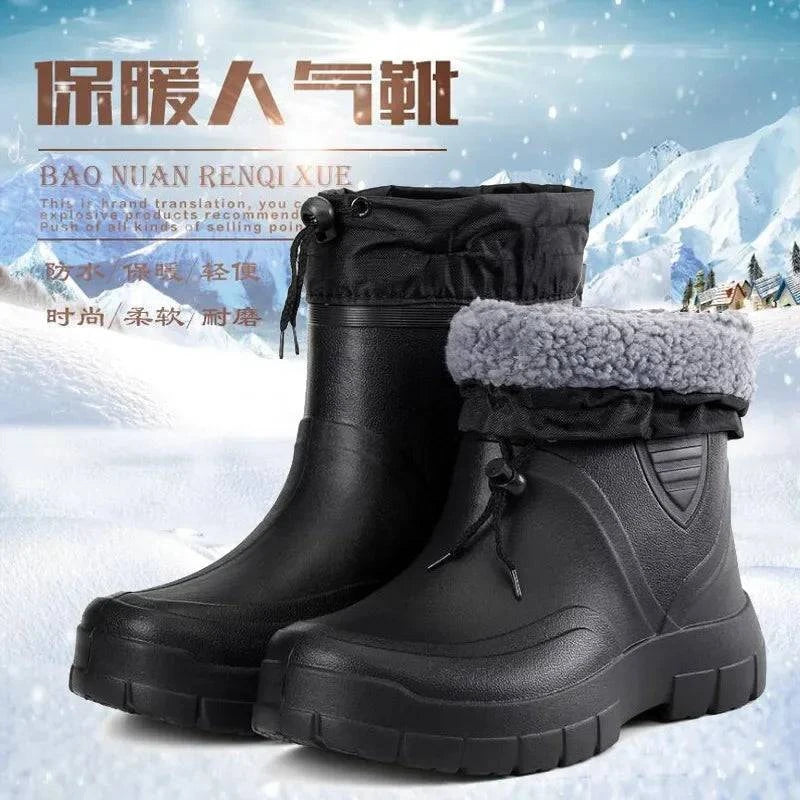 LYNHURD 2025 men's waterproof ankle snow boots with thick non-slip sole, designed for winter fishing activities.