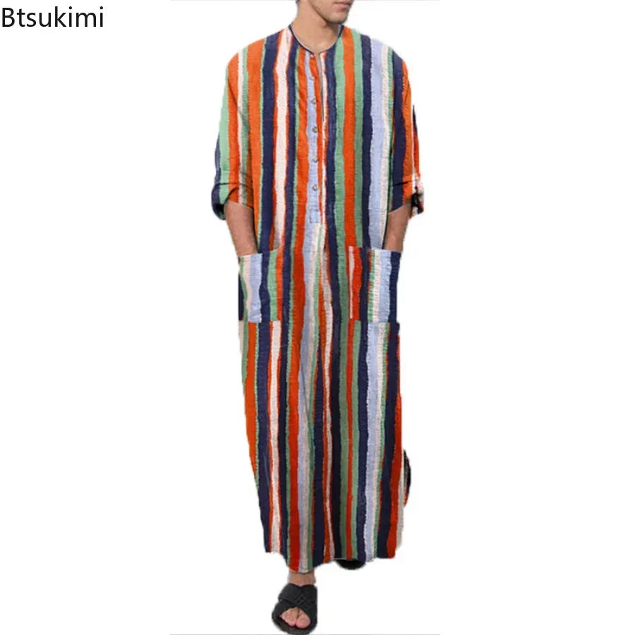2026 Men's Muslim Clothing Abayas Cotton Linen Nightgowns Bathrobe Robe Kaftan Holiday Beach Robe Man Muslim Kaftan Arabic Dress