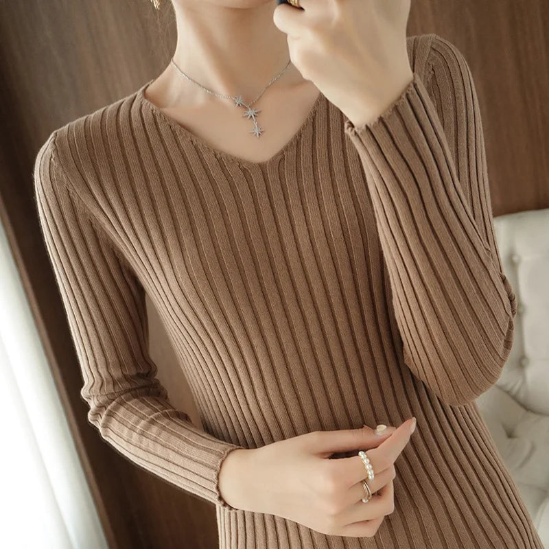 Autumn New Sle Women's Long Sve Knitted Sweater Pure Cotton V-Ne Pullover Slim Fit ort Base Layer Top Casual Sle