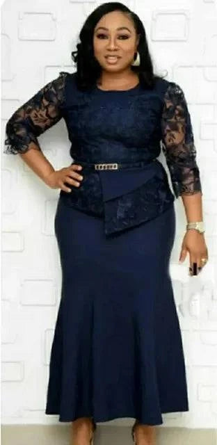 Plus size LYNHURD Christmas dress, O-neck, 3/4 sleeves, long maxi style with lace patchwork for night parties.