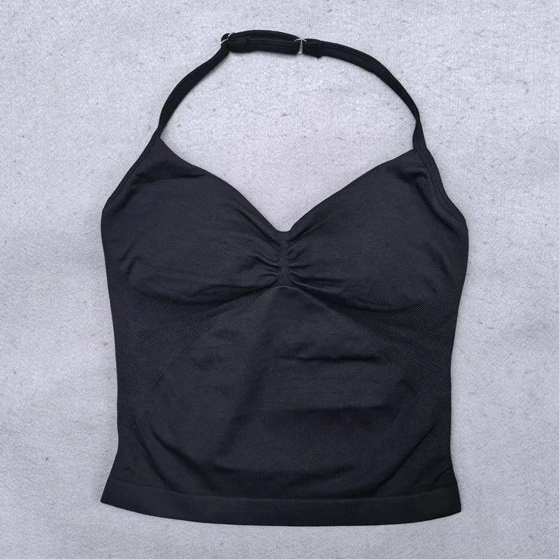 Women’s LYNHURD! yoga set featuring backless halter top and high waist seamless shorts in a stylish gym outfit.