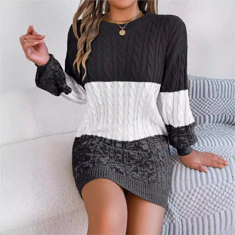 Women's Knitted Sweater Dress New Color Blocked Autumn And Winter Elegant Square Collar Button Long Sleeve Sweater Bag Hip Skirt